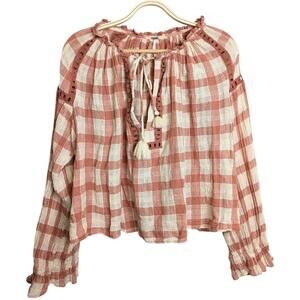 Free People Honey Grove Plaid Top Large Gingham Tassel Peasant Orange Gauzy L/S